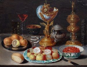 Lavish Still Life With Fruits On A Porcelain And Pewter Plate, With Sweetmeats, Bread, Nautilus Cup, Rummer And A Facon-de-venise Glass With Wine On A Table Top by Osias, the Elder Beert