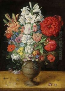 Flowers In A German Tigerware Vase, With A Bluebottle Fly And A Red Admiral Butterfly, On A Ledge by Osias, the Elder Beert
