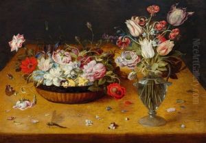 Flowers In A Basket And In A Glass Vase
