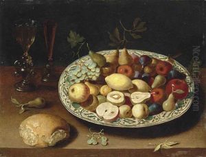 Pears, Grapes, Lemons, Apples And Other Fruit In A Ceramic Bowl, With Facon-de-venise Glasses Filled With Wine And Bread On A Ledge by Osias, the Elder Beert