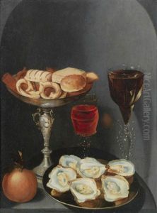 Oysters On A Pewter Dish With Two Glasses Of Wine, An Orange And A Silver Tazza Of Sweetmeats In A Stone Niche by Osias, the Elder Beert