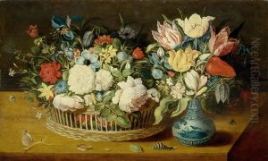 Still Life With Flowers In A Woven Basket And A Floral Bouquet In A Porcelain Vase On A Table Top With Insects by Osias, the Elder Beert