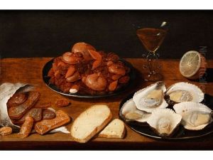 Stillleben Mit Austern, Weinkelch, Brot, Gedorrtem Obst Und Mandeln by Osias, the Elder Beert