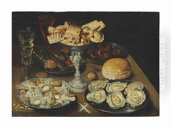 Oysters On A Pewter Plate With Sweetmeats And Biscuits In A Silver Tazza, Chestnuts, Nuts, And Two Facon-de-venise Wine Glasses On A Wooden Table - view 1