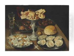 Oysters On A Pewter Plate With Sweetmeats And Biscuits In A Silver Tazza, Chestnuts, Nuts, And Two Facon-de-venise Wine Glasses On A Wooden Table by Osias, the Elder Beert