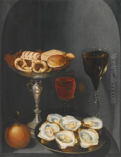 Still Life Of Oysters On A Pewter Plate, Sweetmeats And Biscuits In A Silver Tazza, Two Facon-de-venise Wine Glasses And An Orange, In A Stone Niche - view 1