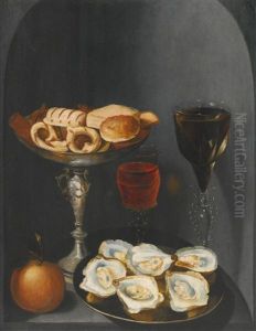 Still Life Of Oysters On A Pewter Plate, Sweetmeats And Biscuits In A Silver Tazza, Two Facon-de-venise Wine Glasses And An Orange, In A Stone Niche by Osias, the Elder Beert