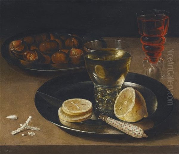 Still Life Of Lemons, Chestnuts And A Wine Glass - view 1