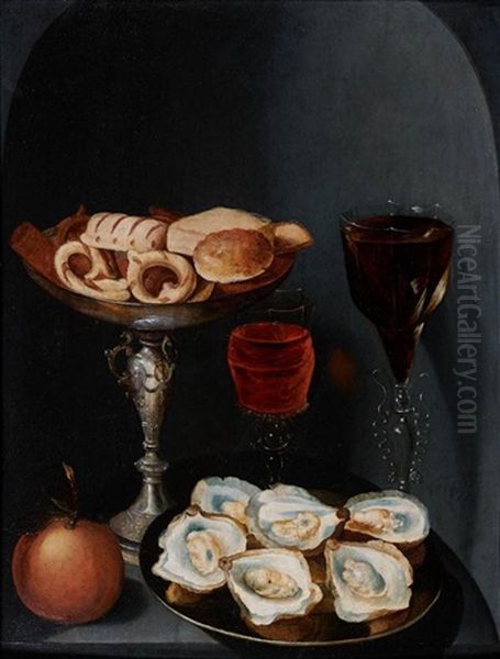 Nature Morte Au Verre De Vin, Plat D'huitres Et Coupe De Biscuits Dans Une Niche - view 1