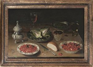 Still Life With Cherries And Strawberries On Chinese Ming Plates, Artichokes On Tin Dish And A Glass Of White Wine