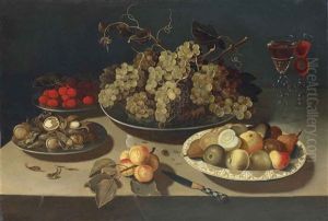 Grapes, Blackberries, Raspberries, Walnuts And Hazelnuts On Pewter Platters, Pears And Other Fruit On A Porcelain Platter, Two Facon-de-venise Wine... by Osias, the Elder Beert