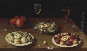 Hazelnuts And Walnuts, And Apples On Pewter Platters, Plums And Nectarines On Porcelain Plates, With Glasses Of Red And White Wine, And A Butterfly