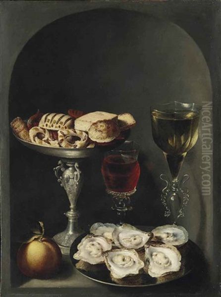 Oysters On A Pewter Plate, Sweetmeats And Biscuits In A Silver Tazza, Two Facon-de-venise Wine Glasses And An Orange In A Niche - view 1