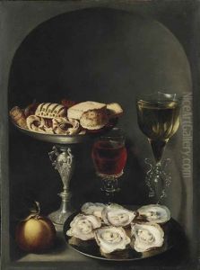 Oysters On A Pewter Plate, Sweetmeats And Biscuits In A Silver Tazza, Two Facon-de-venise Wine Glasses And An Orange In A Niche by Osias, the Elder Beert