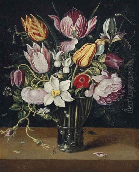Parrot Tulips, Roses, Daffodils And Other Flowers In A Glass Roemer On A Ledge - view 1