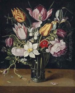 Parrot Tulips, Roses, Daffodils And Other Flowers In A Glass Roemer On A Ledge by Osias, the Elder Beert