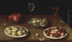 Hazelnuts And Walnuts, And Apples On Pewter Platters, Plums And Nectarines On Porcelain Plates, With Glasses Of Red And White Wine, And A Butterfly, On A Wooden Table