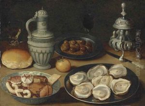 Sweetmeats In A Wanli Kraak Porcelain Bowl, Oysters And Olives On Pewter Platters, A Roll, An Orange, A Stoneware Jug, A Roemer And Other Vessels... by Osias, the Elder Beert