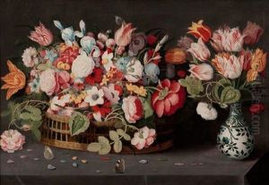 Nature Morte Au Bouquet De Fleurs Dans Un Vase Wan Li Et Corbeille De Fleurs Sur Un Entablement by Osias, the Elder Beert
