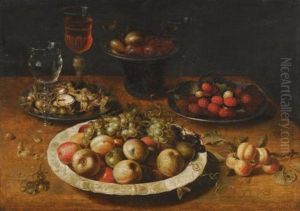 A Still Life Of Apples And Grapes In A Blue-and-white Porcelain Bowl, Raspberries And Walnuts In Pewter Dishes, Plums On A Pewter Dish Atop A Stand, Together With Three Wine-glasses And Sprigs Of Apricots And Gooseberries Upon A Wooden Table by Osias, the Elder Beert