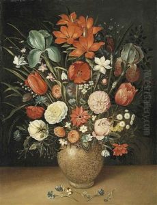 Roses, Tulips, Carnations And Other Flowers In A Vase On A Stone Ledge Roses, Tulips, Carnations And Other Flowers In A Vase On A Stone Ledge