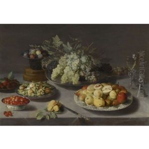 Still Life Of Grapes And Other Fruits With A Knife, Facon De Venise Wineglasses And Other Objects On A Draped Table
