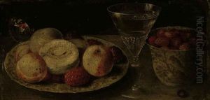 Peaches And Raspberries On A Wan-li Kraak Porcelain Plate, With Strawberries In A Wan-li-krak Porcelain Beaker, With A Glass Of White Wine On A Tabletop