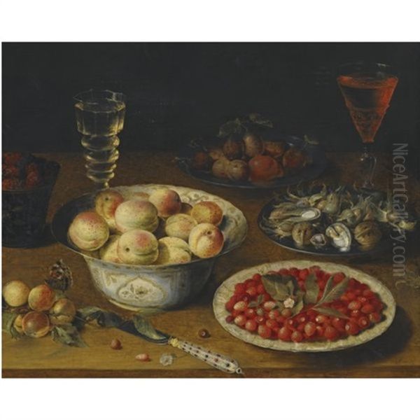 A Still Life With Peaches, Fraises De Bois, Mulberries And Plums, Together With A Plate Of Hazelnuts And Walnuts, A Knife And Two Wine Glasses On A Wooden Tabletop - view 1
