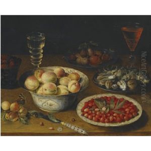 A Still Life With Peaches, Fraises De Bois, Mulberries And Plums, Together With A Plate Of Hazelnuts And Walnuts, A Knife And Two Wine Glasses On A Wooden Tabletop by Osias, the Elder Beert