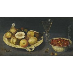 A Still Life With Strawberries, Pears And Peaches In Two Porcelain Bowls On A Table With A Wineglass And Butterflies by Osias, the Elder Beert