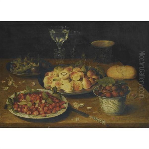 A Still Life Of Peaches And Plums On A Pewter Dish, Hazelnuts And Plums On Another, Wild Strawberries On A Chinese Porcelain Plate, Mulberries In A Chinese Porcelain Bowl, Facon-de-venise Wine-glasses - view 1