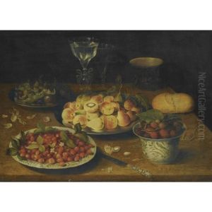 A Still Life Of Peaches And Plums On A Pewter Dish, Hazelnuts And Plums On Another, Wild Strawberries On A Chinese Porcelain Plate, Mulberries In A Chinese Porcelain Bowl, Facon-de-venise Wine-glasses