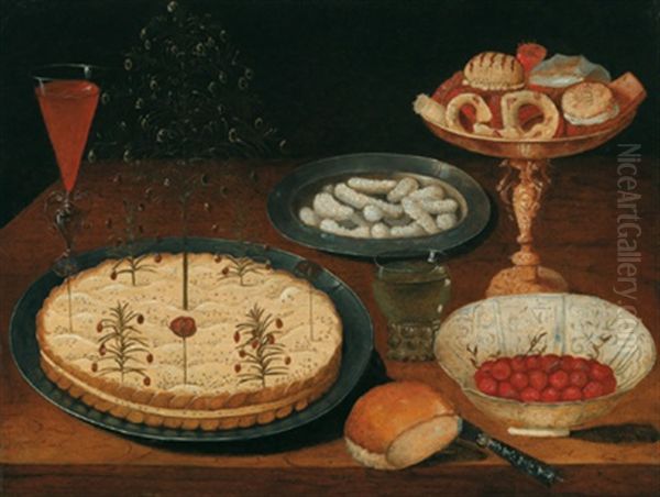 Stilleben Mit Backereien Und Erdbeeren Auf Zinntellern, Einer Vergoldeten Prunktazza, In Einer Wan Li Krak-porzellan-schale, Dazu Ein Gefulltes Weinglas A La Venisienne - view 1
