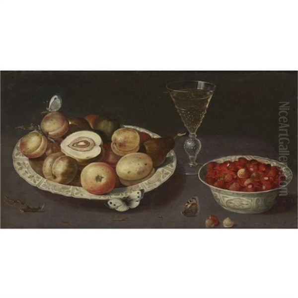 Still Life Of Peaches, Pears And Strawberries In Blue And White Porcelain Bowls With A Glass Of Wine And Butterflies - view 1