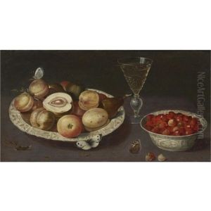 Still Life Of Peaches, Pears And Strawberries In Blue And White Porcelain Bowls With A Glass Of Wine And Butterflies by Osias, the Elder Beert