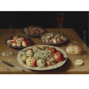 Still Life On A Plain Wooden Table: A Large Wanli Porcelain Dish Of Fruit, A Pewter Dish Of Fruit, Medlars And Nuts, A Moth, Two Venetian-style Glasses Of Wine, One White And The Other Red by Osias, the Elder Beert