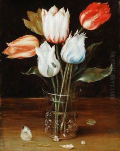 Blumenstillleben Mit Funf Tulpen In Einem Genoppten Glasbecher Mit Schmetterling Blumenstillleben Mit Funf Tulpen In Einem Genoppten Glasbecher Mit Schmetterling