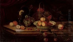 Peaches And Berries In A Wanli Kraak Porcelain Bowl With Grapes by Osias, the Elder Beert