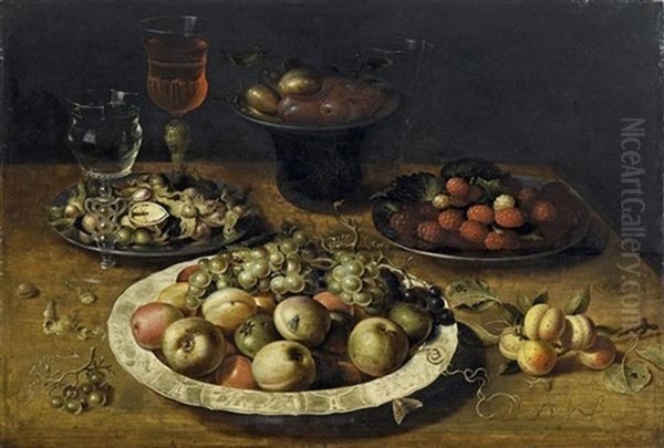 A Still Life Of Apples And Grapes In A Porcelain Bowl, Raspberries And Walnuts In Pewter Dishes, A Dish Of Plums On A Pewter Dish Atop A Stand, With Three Wine-glasses On A Wooden Table - view 1