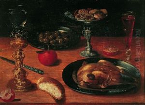 Nature Morte Aux Verre Monte, Volaille, Plats D'olives Et De Confiseries Sur Un Entablement by Osias, the Elder Beert