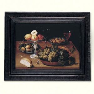 Grapes In A Dish, Apples In A Silver Tazza, Hazelnuts And Medlars On Pewter Plates, Glasses And A Bread Roll On A Wooden Table by Osias, the Elder Beert