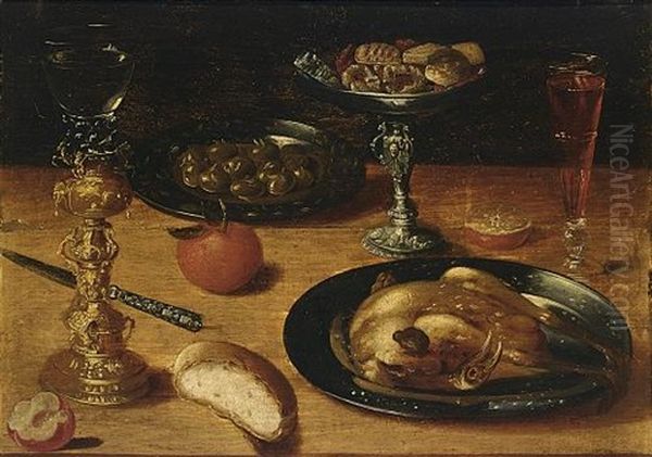 A Still Life With A Roast Chicken And Olives On Pewter Plates, A Roemer In A Silver-gilt Holder, An Orange, A Tazza With Cookies And A Wineglass - view 1