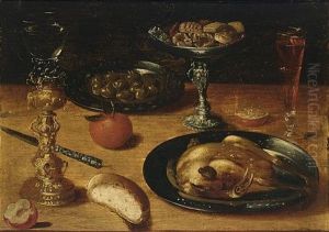 A Still Life With A Roast Chicken And Olives On Pewter Plates, A Roemer In A Silver-gilt Holder, An Orange, A Tazza With Cookies And A Wineglass by Osias, the Elder Beert
