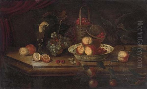 Peaches And Berries In A Wanli Kraak Porcelein Bowl With Grapes, A Peeled Lemon And Orange, A Roemer And A Basket Of Strawberries On A Ledge - view 1