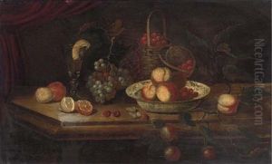 Peaches And Berries In A Wanli Kraak Porcelein Bowl With Grapes, A Peeled Lemon And Orange, A Roemer And A Basket Of Strawberries On A Ledge