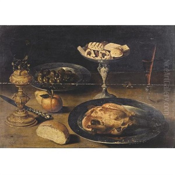 Still Life With A Roast Chicken On A Pewter Plate, Sweetmeats On A Tazza, A Roemer On A Gilt Stand, A Glass Of Wine, Olives In A Pewter Dish, A Knife, A Bread Roll And Fruit, On A Table - view 1