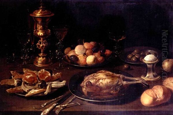 Still Life With Shells, Fruit, Olives, And A Roast Bird On Pewter Plates, Together With Glasses, A Bronze-covered Cup, A Salt-seller And Buns On A Wooden Table - view 1