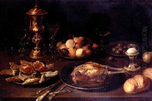 Still Life With Shells, Fruit, Olives, And A Roast Bird On Pewter Plates, Together With Glasses, A Bronze-covered Cup, A Salt-seller And Buns On A Wooden Table by Osias, the Elder Beert