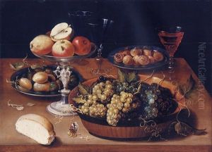 A Silver Tazza Of Apples, A Lacquer Bowl Of Grapes, Two Pewter Plates With Plums And Medlars, Half A Bread Roll And Wine Glasses On A Wooden Table by Osias, the Elder Beert