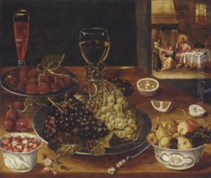 Grapes And Mulberries On Pewter Platters, Pears, Cherries And Strawberries In Porselein Bowls, A Wine Glass And A Roemer On A Table, Christ In The House Of Mary And Martha Beyond by Osias, the Elder Beert